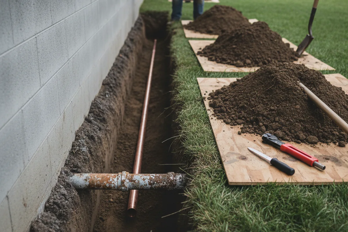 Excavated water line trench during Sewer Line Repair in Worthington